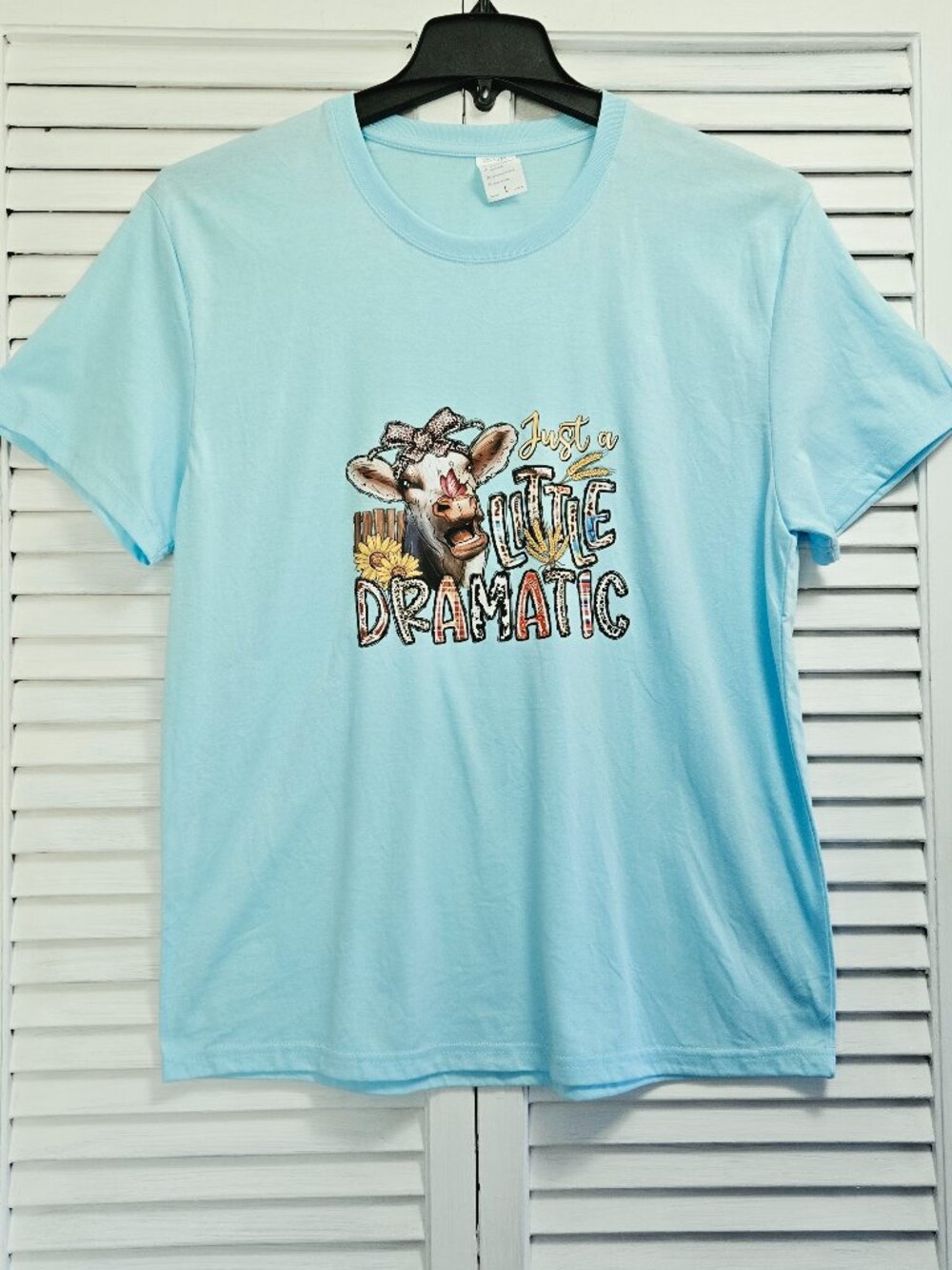 NWOT Light Blue "Just a Little Dramatic" Cow Graphic Short Sleeve Large T-shirt
